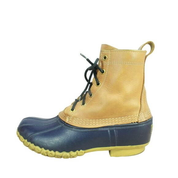 LL Bean Blue Brown Leather 8" Ankle Duck Boots Unlined Lace Up Size 9 M - Picture 1 of 10